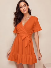 Load image into Gallery viewer, Surplice Wrap Belted Ruffle Hem Dress