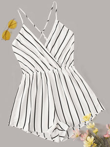 Striped Criss-cross Backless Surplice Neck Romper