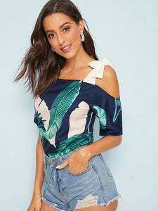 Asymmetrical Neck Tie Shoulder Plants Print Top