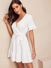 Load image into Gallery viewer, Surplice Wrap Belted Ruffle Hem Dress