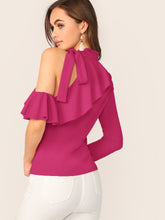 Load image into Gallery viewer, Tie Neck Cold Shoulder Ruffle Trim Top