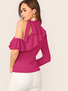 Tie Neck Cold Shoulder Ruffle Trim Top