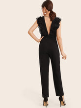 Load image into Gallery viewer, Deep V Neck Layered Pleated Ruffle Trim Jumpsuit