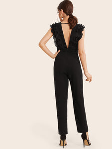 Deep V Neck Layered Pleated Ruffle Trim Jumpsuit