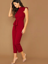 Load image into Gallery viewer, Mock-Neck Ruffle Cuff Self Belted Jumpsuit