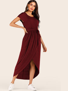 Belted Tulip Hem Solid Wrap Dress