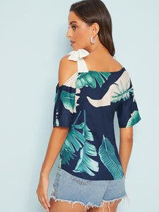 Asymmetrical Neck Tie Shoulder Plants Print Top