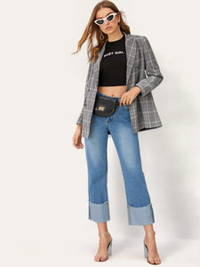 Notch Collar Double Breasted Plaid Blazer