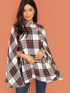 Button Front Plaid Print Cape Coat