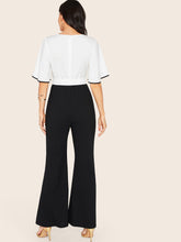 Load image into Gallery viewer, Two Tone Contrast Binding Tie Side Flare Leg Jumpsuit