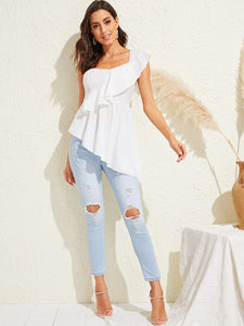 One Shoulder Asymmetrical Hem Zip Back Blouse