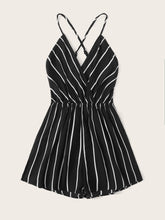 Load image into Gallery viewer, Striped Criss-cross Backless Surplice Neck Romper