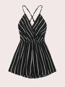 Striped Criss-cross Backless Surplice Neck Romper