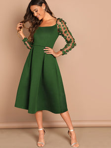 Applique & Mesh Sleeve Flared Dress