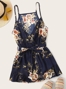 Floral Print Surplice Front Ruffle Hem Belted Cami Romper