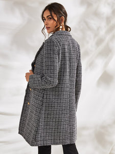 Lapel Neck Double Breasted Plaid Tweed Coat