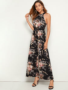 Botanical Print Wide Leg Halter Jumpsuit