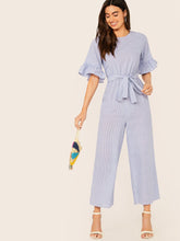 Load image into Gallery viewer, Ruffle Cuff Self Belted Wide Leg Striped Jumpsuit