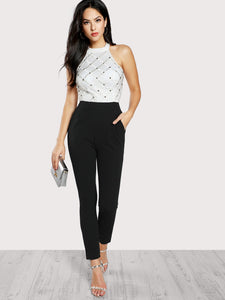 Riveted Plaid Embellished Halter Fitted Jumpsuit