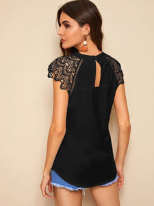 Contrast Lace Cuff Keyhole Back Blouse