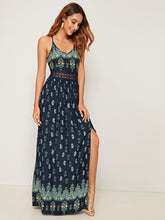 Load image into Gallery viewer, Lace Detail Waist Tribal Split Thigh Slip Dress