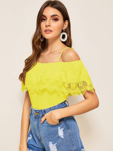 Cold Shoulder Guipure Lace Trim Top