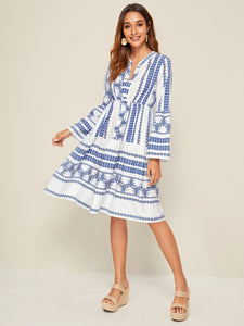 Aztec Print Notch Neck A-line Dress