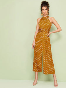 Polka Dot Belted Wide Leg Halter Jumpsuit