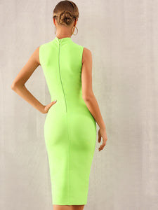 Adyce Neon Green Mock-neck Sleeveless Pencil Dress