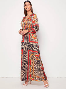 Animal Scarf Print Surplice Neck Maxi Dress