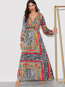 Animal Scarf Print Surplice Neck Maxi Dress