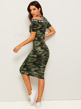 Load image into Gallery viewer, Asymmetrical Shoulder Letter Tape Camo Dress