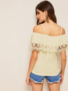 Cold Shoulder Guipure Lace Trim Top