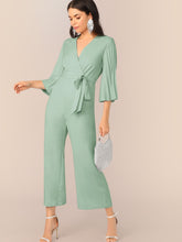 Load image into Gallery viewer, Pleated Sleeve Wrap Belted Wide Leg Jumpsuit