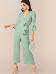 Pleated Sleeve Wrap Belted Wide Leg Jumpsuit