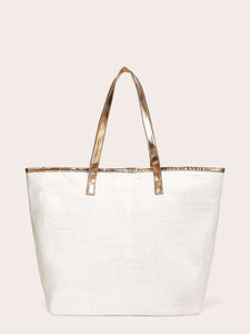 Metallic Handle Letter Print Tote Bag