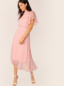 Mock-neck Knot Back Sheer Panel Dress