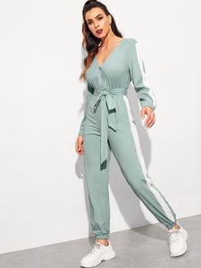 Surplice Neck Self Belted Colorblock Jumpsuit