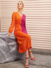 Load image into Gallery viewer, Lantern Sleeve Twist Front Two Tone Dress