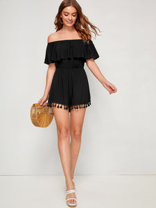 Tassel Detail Hem Ruffle Trim Bardot Romper