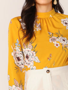 Mock-neck Floral Print Keyhole Back Blouse