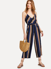 Load image into Gallery viewer, V Neckline Tie Side Striped Jumpsuit