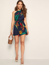 Load image into Gallery viewer, Floral Print Tie Back Belted Halter Playsuit