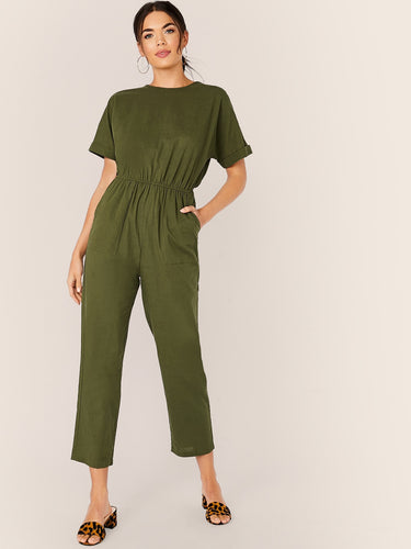 Keyhole Back Roll Up Sleeve Jumpsuit Without Belt