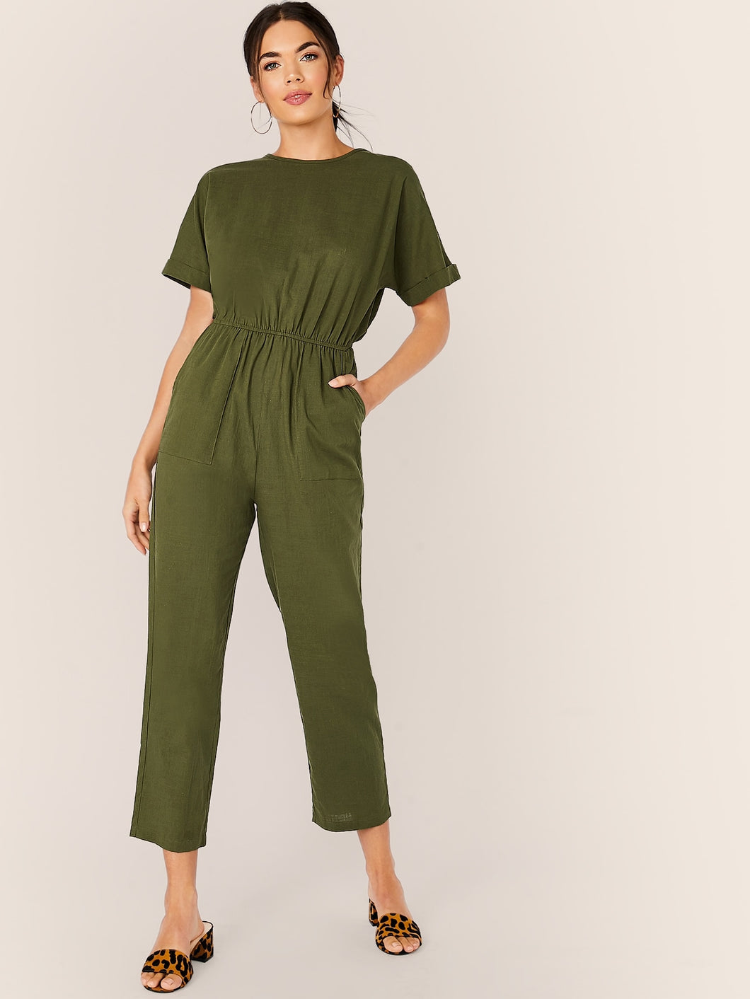 Keyhole Back Roll Up Sleeve Jumpsuit Without Belt