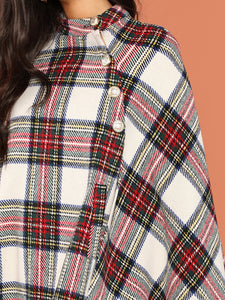 Button Front Plaid Print Cape Coat