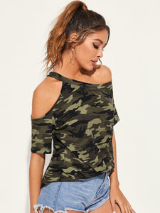 Asymmetrical Neck Camo Print Top