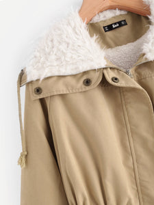 Fleece Lined Pocket Front Drawstring Parka Coat