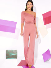 Load image into Gallery viewer, Asymmetrical Neck Ruched Detail Flare Leg Jumpsuit