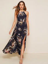 Load image into Gallery viewer, Botanical Print Tie Back High Split Halter Dress